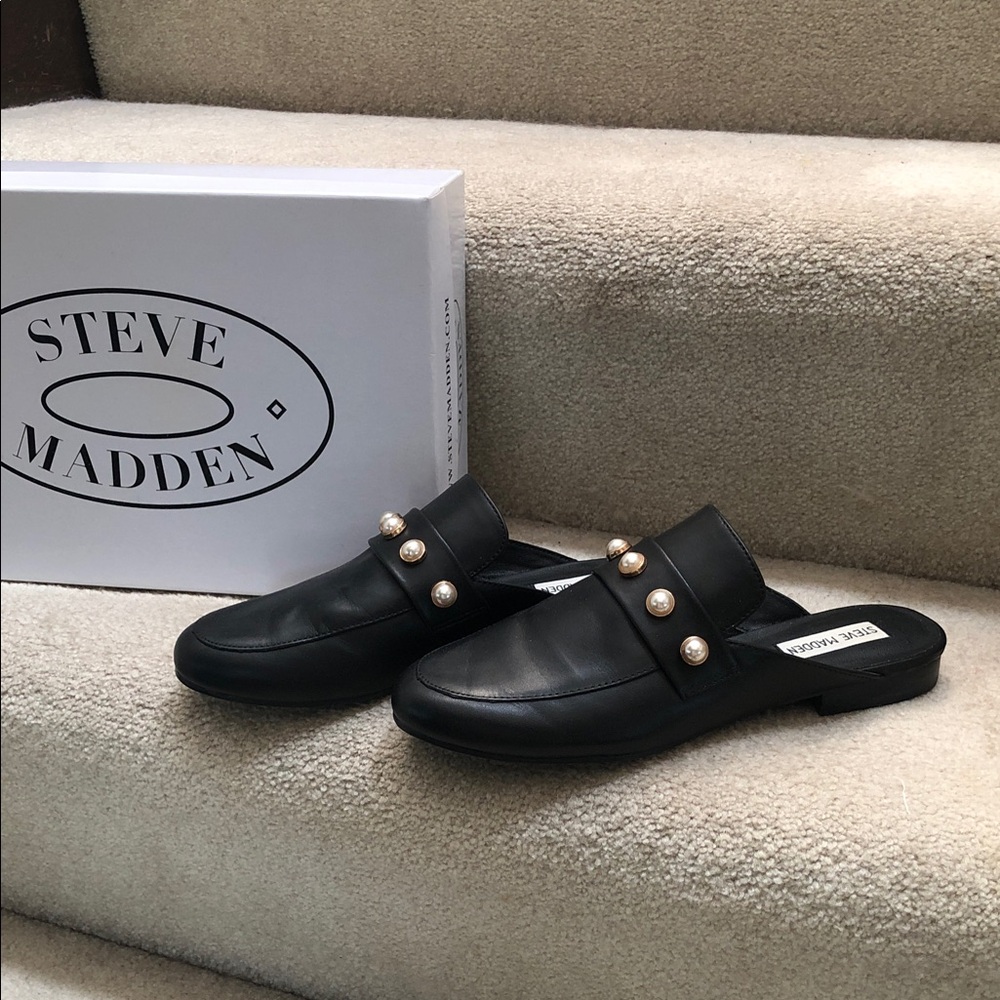 Steve Madden black leather slip on with pearl accents